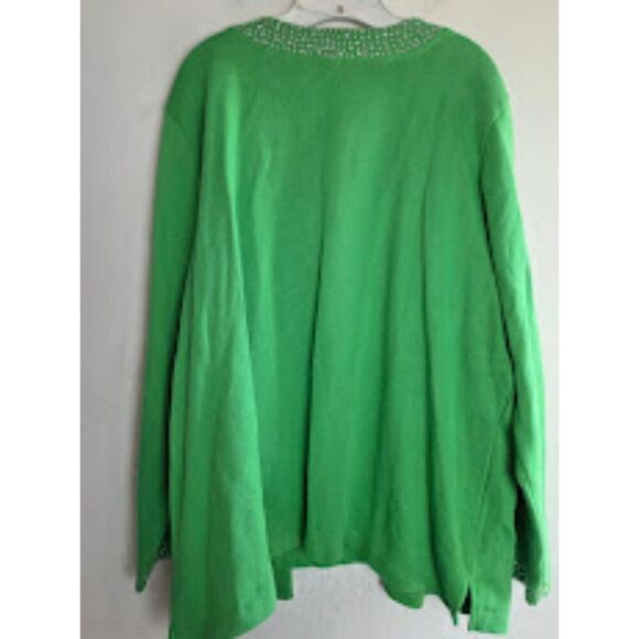 Quacker Factory Green w/Silver Stud Detail 100% Cotton 1 Piece Cardigan/Top 3X - Picture 2 of 6
